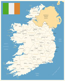 Ireland - detailed map with administrative divisions and country flag. Vector illustration