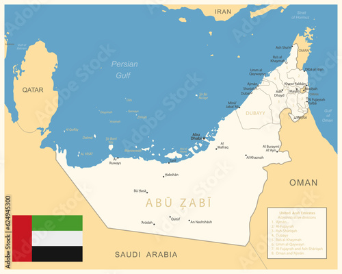 United Arab Emirates - detailed map with administrative divisions and country flag. Vector illustration