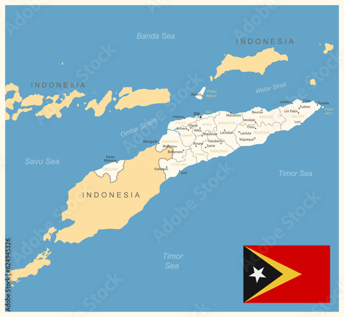 East Timor - detailed map with administrative divisions and country flag. Vector illustration