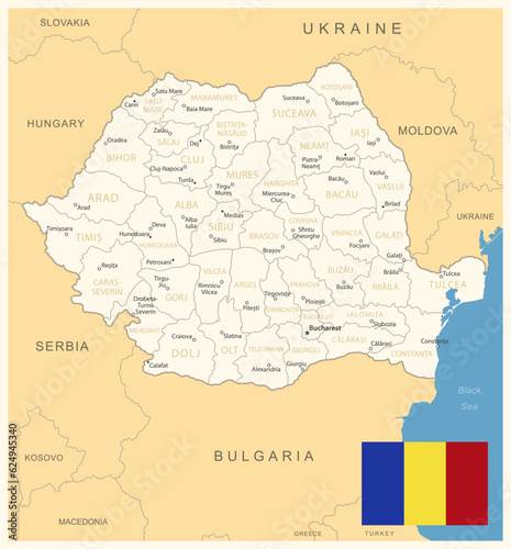 Romania - detailed map with administrative divisions and country flag. Vector illustration