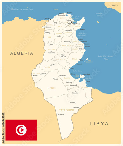 Tunisia - detailed map with administrative divisions and country flag. Vector illustration