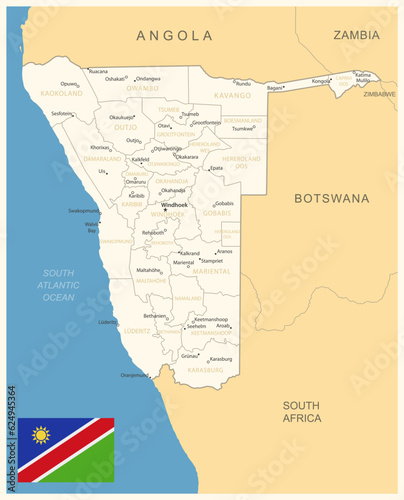 Namibia - detailed map with administrative divisions and country flag. Vector illustration