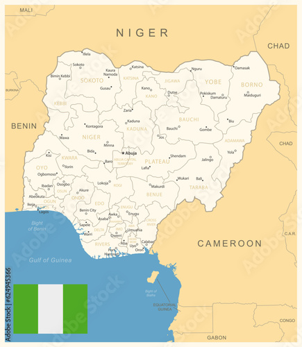 Nigeria - detailed map with administrative divisions and country flag. Vector illustration