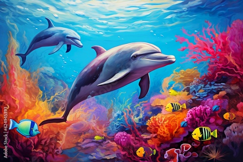 group of dolphins in colorful underwater | Generative AI