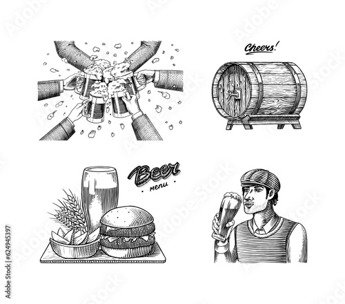 Cheers toast. Beer festival. Vintage Alcoholic. Mug with drink in hand. American banner or poster. Party and holiday. Hand drawn engraved sketch for web, pub menu.