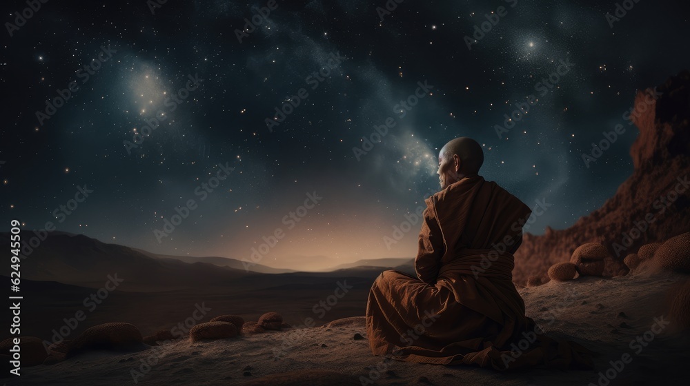 buddhist monk meditates on the background of the starry sky. Created with Generative AI.