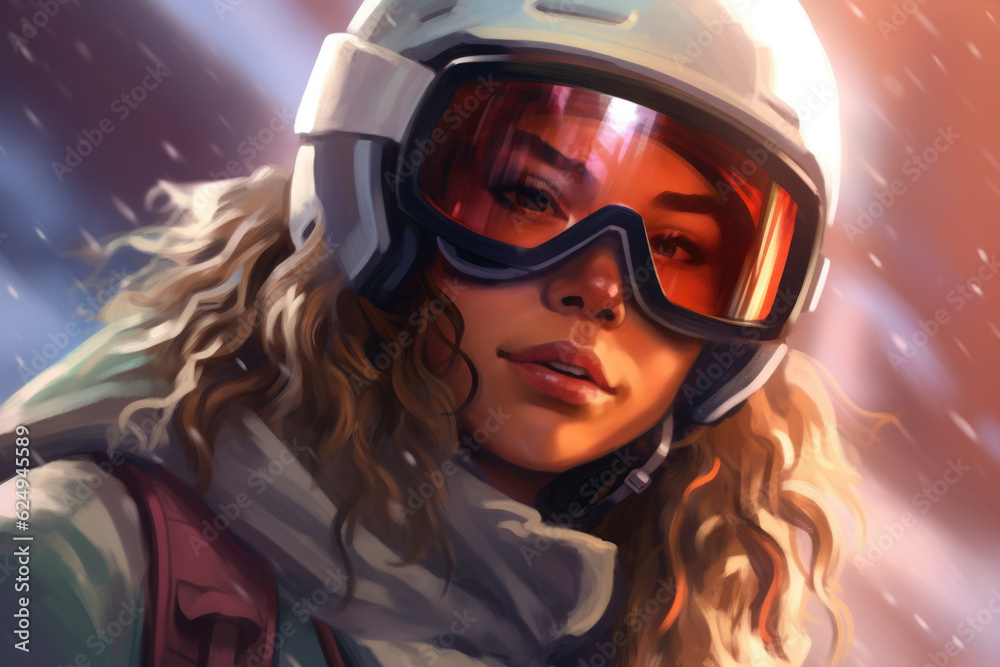 young beautiful female skier, skiing down mountain slopes at a winter resort in the Alps. She wears a protective helmet, mask and goggles for skiing, which reflect her face in dynamic movement.