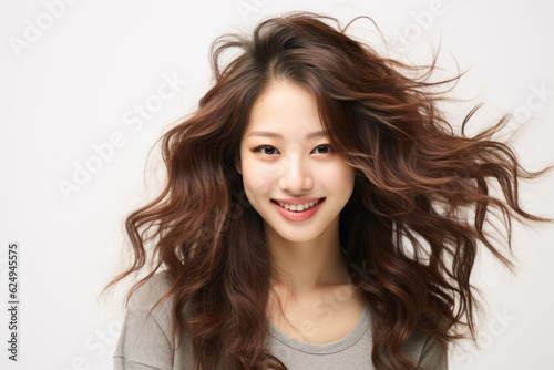 portrait of young woman laughing and gesturing happily in studio setting against white background. She showcases positive emotion of enjoyment, reflecting her carefree and joyful life