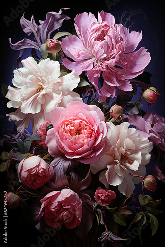 A pink, purple and white arrangement of flowers. AI generative