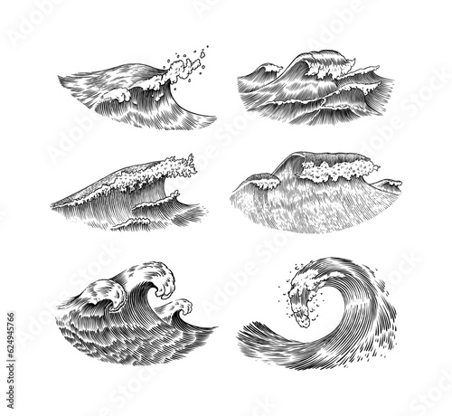 Atlantic tidal waves. Vintage old engraved hand drawn labels. Marine and nautical or sea, ocean background for banner or poster. set of Isolated vector illustration.