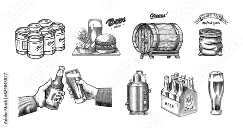 Beer glass, mug of oktoberfest. Cheers toast. Engraved in ink hand drawn in old sketch and vintage style for web, invitation to party, festival or pub menu. design element isolated on white background