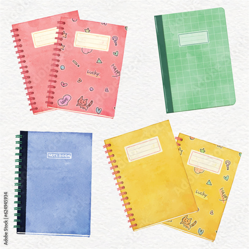 Colorful copybooks watercolor style vector set, top view, Back to school and studying concept designs