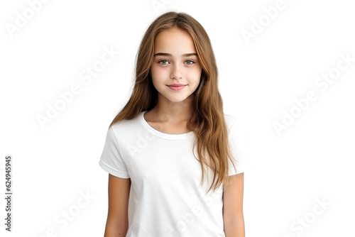 Happy Teenage Girl Kid in White T-Shirt - Full-Length Portrait on Transparent Background PNG File for Casual Lifestyle Designs - Generative AI © Omid