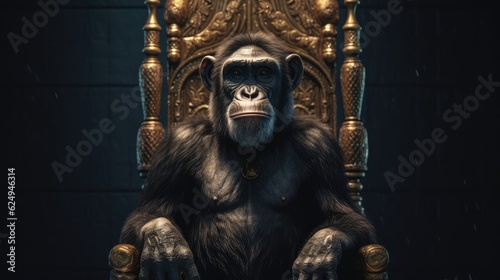 Photographie king chimpanzee sitting on a throne. Created with Generative AI.
