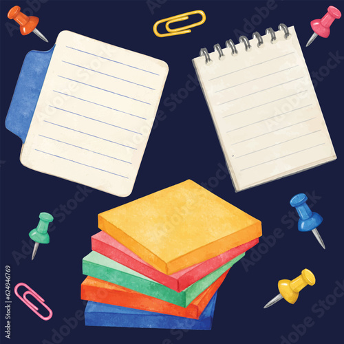 Blank note paper and sticky notes and pins watercolor style vector set, office memo supplies and elements
