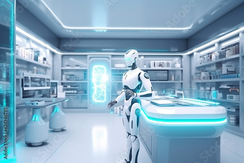 Humanoid smart woman robot  working in pharmacy industry  assistant in choosing medicine pills for customer service  information provision. Concept of high-tech assistant. Generative AI Technology