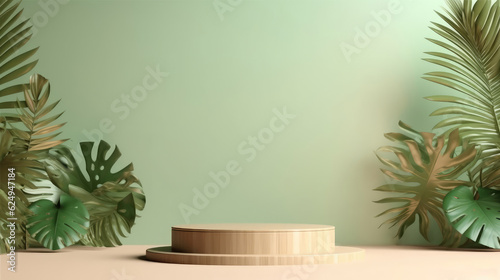 An empty wooden plate in front of a green wall with some green leaves to present products.