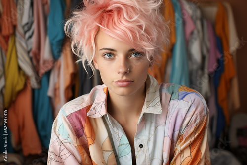 headshot of nice girl. Beautiful teenage female fashion model looking at the camera. a young woman with stylish short pink hair. coiffure of a teen. face for advertisement. copy space