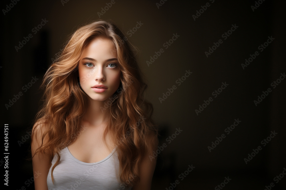 Portrait of young woman, brunette girl looking at camera. Female, fashionable teenager for promotional poster. Advertisement with model, light makeup, long hair. Photo about femininity. copy space Portrait of young woman, brunette girl looking at camera. Female, fashionable teenager for promotional poster. Advertisement with model, light makeup, long hair. Photo about femininity. copy space