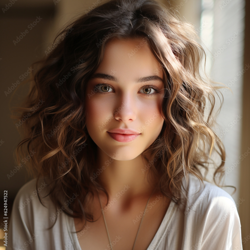 Naklejka premium Portrait of young woman, sweet eyes, brunette girl looking at camera. Female, fashionable teenager for promotional poster. Model with light makeup. For cosmetics advertisement. Photo on femininity