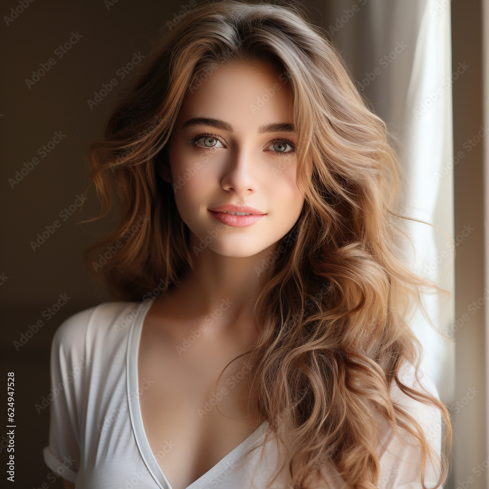 Naklejka premium Portrait of young woman, brunette girl looking at camera. Female, fashionable teenager for promotional poster. Advertisement with model, light makeup, long blonde hair. Photo about femininity
