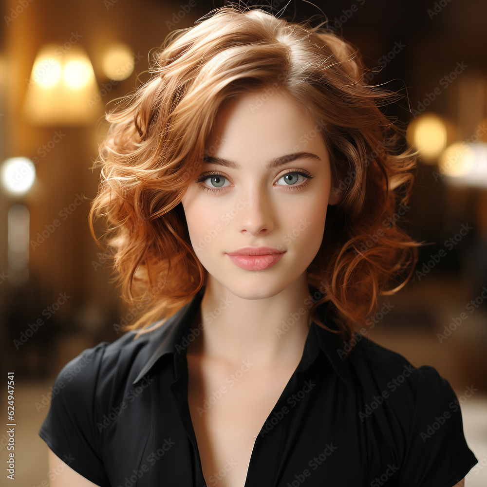portrait of sexy attractive woman, with black shirt, elegant hairstyle, pale eyes. fashion photo with stunning female face for women's beauty product advertising. Red full lips, light makeup. portrait of sexy attractive woman, with black shirt, elegant hairstyle, pale eyes. fashion photo with stunning female face for women's beauty product advertising. Red full lips, light makeup.