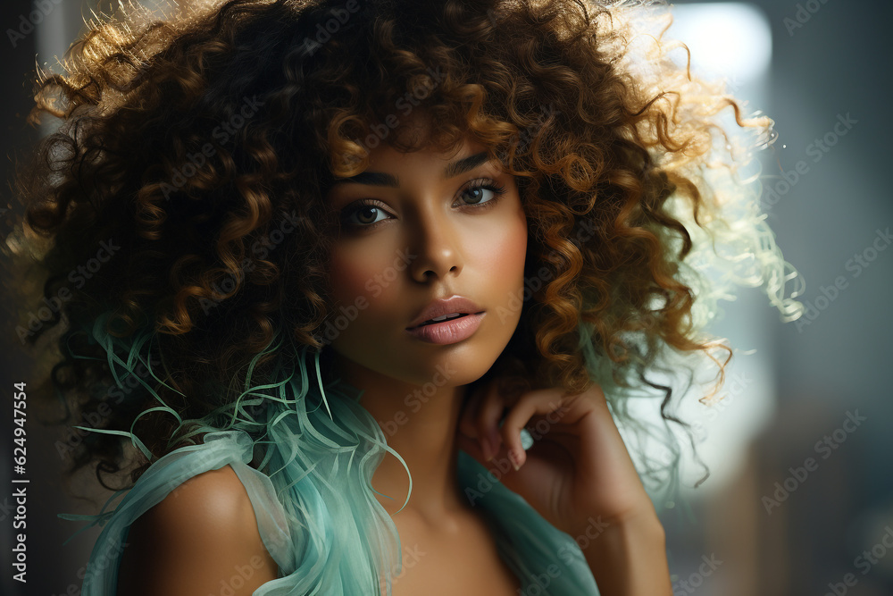 Fototapeta premium fashion portrait of sensual african american girl, young black woman with curly hair. Hairstyle studio photo for advertising on cosmetic hair products and conditioner for natural frizzy afro hair. 