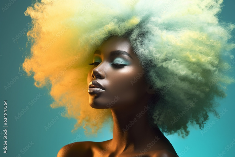 fashion portrait of african american girl, young black woman with curly hair. Hairstyle studio photo for advertising on cosmetic hair products and conditioner for natural frizzy afro hair. copy space