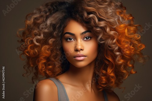 fashion portrait of sensual african american girl, young black woman with curly hair. Hairstyle studio photo for advertising on cosmetic hair products and conditioner for natural frizzy afro hair. 