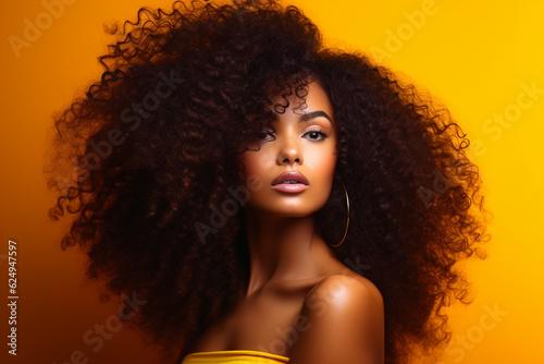fashion portrait of african american girl, young black woman with curly hair. Hairstyle studio photo for advertising on cosmetic hair products and conditioner for natural frizzy afro hair. copy space