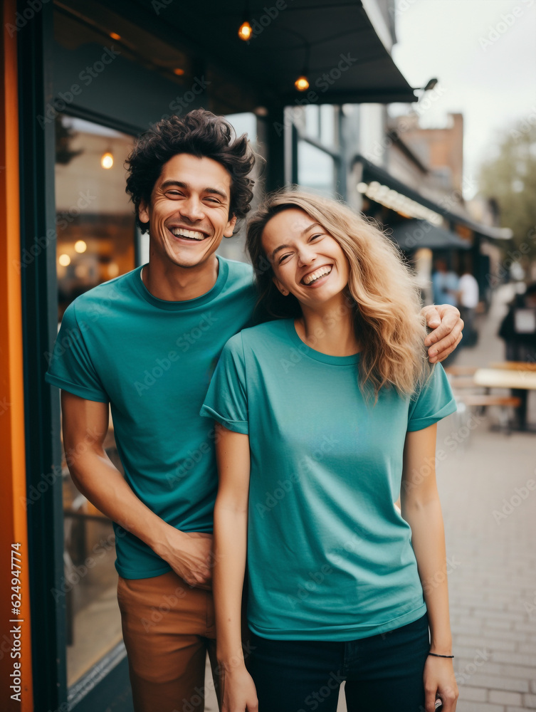 young couple, boy and girl, wearing blank teal t-shirt, on urban background. Clothing with copy space for logos, inscription and advertising designs. Mockup of tee shirt on front. Blank template