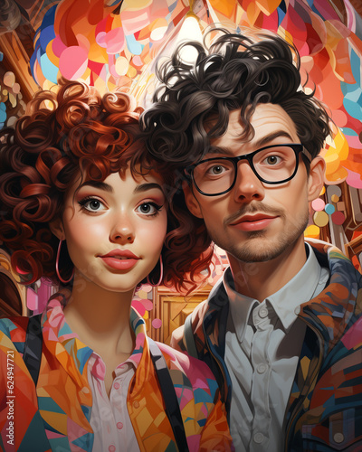 Digital illustration with funny young couple in love, hipster mood with abstract colourful background, whimsical boy and girl next to each other. dating app advertising. relationship and time together
