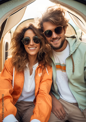 photo of loving smiling couple inside the house huddled close to each other, dressed in casual sportswear, hoodies and sunglasses. Style Souvenir photo for fashion advertisement. © Andrea Marongiu