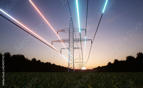Energy stream flowing through steel tower high voltage power lines over sunrise horizon sky. Electric cables transmitting electricity obtained from sustainable sources, 3D render animation