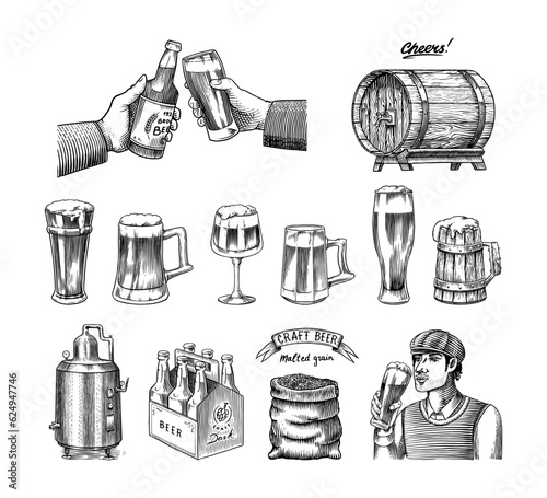 Beer glass, mug of oktoberfest. Cheers toast. Engraved in ink hand drawn in old sketch and vintage style for web, invitation to party, festival or pub menu. design element isolated on white background