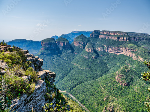 Three Rondavels And Blyde river on a clear blue sky afternoon, Panorama Route, Graskop, Mpumalanga, South Africa