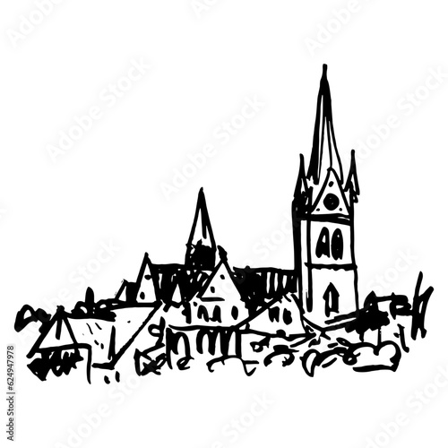 View of Bad Homburg vor der Höhe town in Germany. Church of the Redeemer or Erlöserkirche. Hand drawn linear doodle rough sketch. Black silhouette on white background.