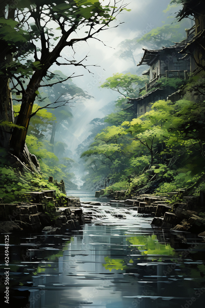 Large dense willow trees with leaves hanging down to the water. AI generative Large dense willow trees with leaves hanging down to the water. AI generative