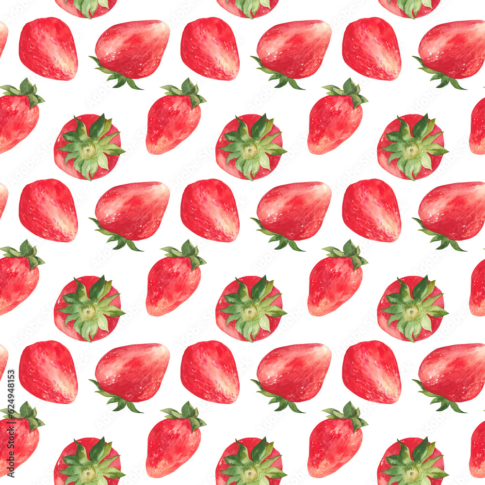 Watercolor seamless pattern with red strawberries. Hand drawn illustration of berries for fabric and scrapbooking