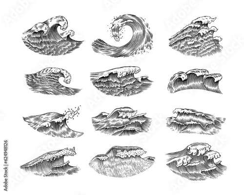 Atlantic tidal waves. Vintage old engraved hand drawn labels. Marine and nautical or sea, ocean background for banner or poster. set of Isolated vector illustration.