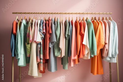 Building stylish wardrobe trendy male, female, unisex colorful summer capsule wardrobe with different shirts, t-shirts on pink background. Seasonal capsule for easy dressing concept. Generative AI © Valeriia