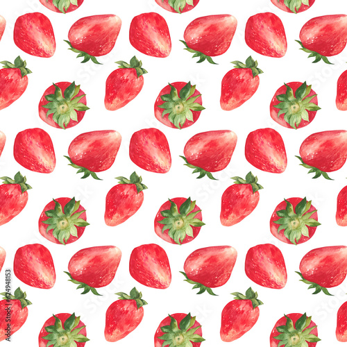 Watercolor seamless pattern with red strawberries. Hand drawn illustration of berries for fabric and scrapbooking