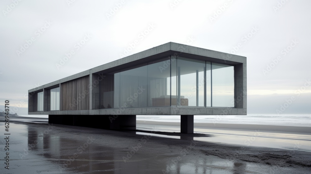 Fototapeta premium Minimalistic Concrete And Glass House On The Beach