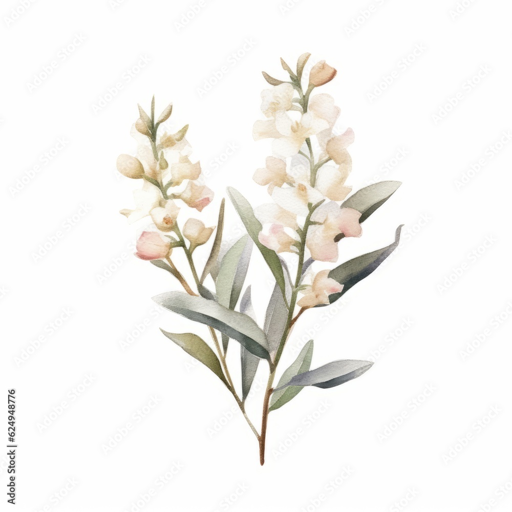 Pastoral Charm: Watercolor Illustration Of White And Green Flowers