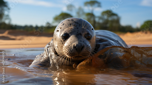 gray seal caught in a waste of pollution at seaside