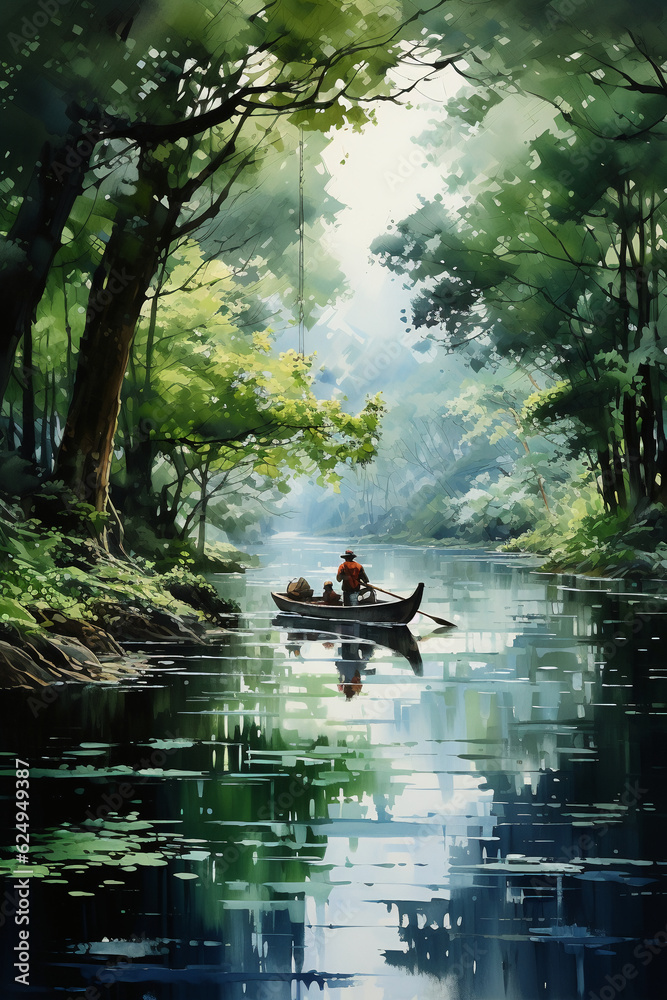 Fototapeta premium Large dense willow trees with leaves hanging down to the water. AI generative