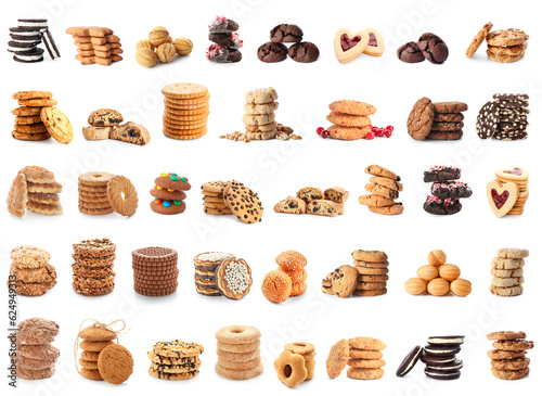 Collage of sweet cookies on white background