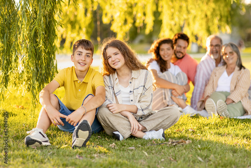 Cheerful caucasian teen boy and girl relax with parents and grandparents, enjoy picnic in park