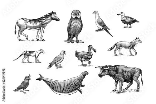 Extinct species. Wild mammal animals and birds. Dodo  Moa  Tasmanian wolf  Quagga. Aurochs. Blue antelope. Hand drawn vector engraved sketch. Graphic vintage style. 