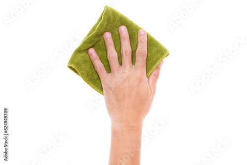 Hand holding green duster microfiber cloth used for cleaning isolated on white background photo